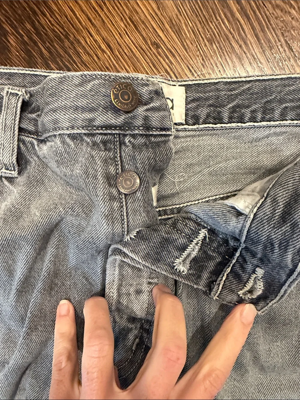 Etica Haven Slouch Short in Faded Grey with Raw Hem and Button Fly